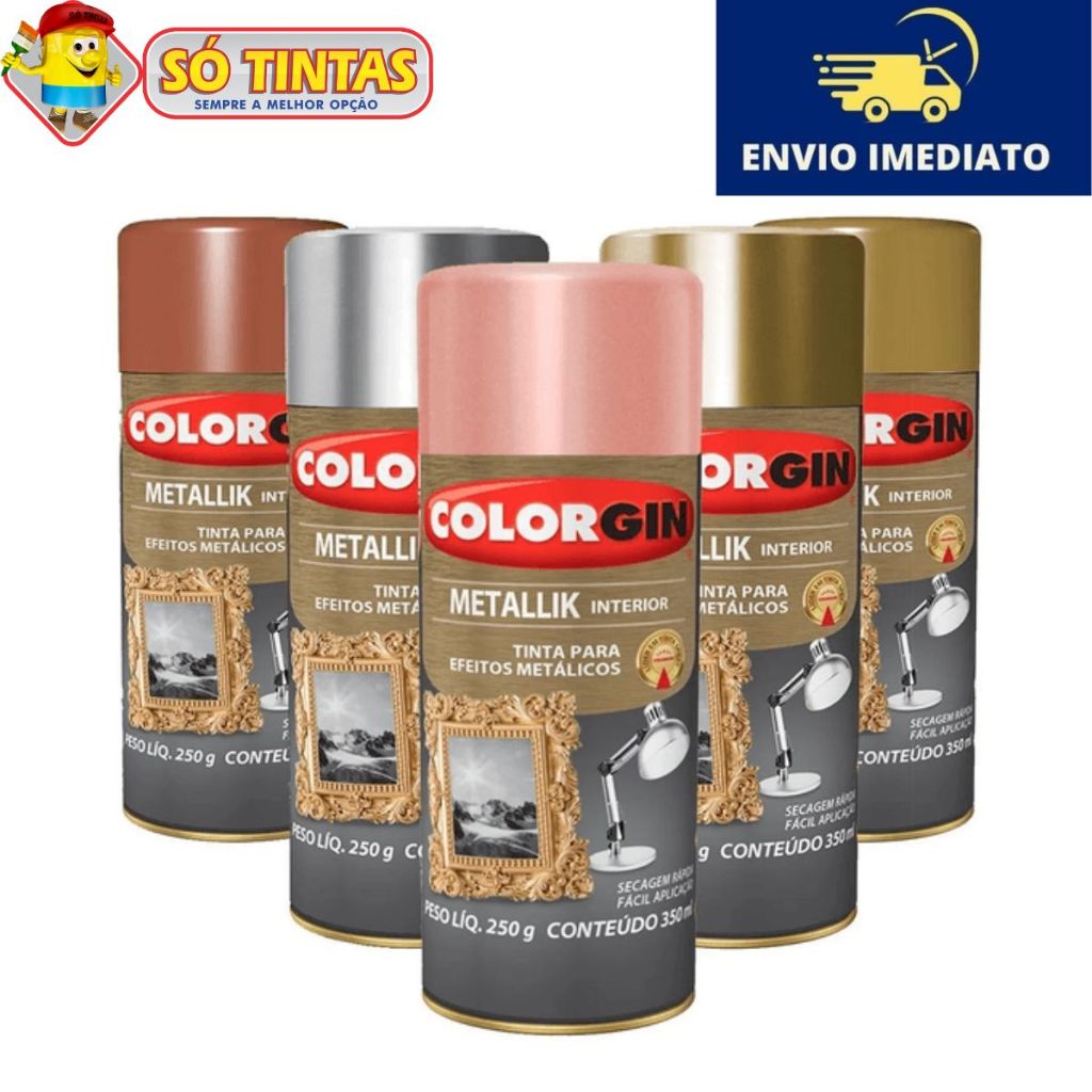 Tinta Spray Metallik Colorgin P/ Ferro, Cerâmica, Papéis, Metais, Madeiras e Gesso 350ml em Oferta na Shopee