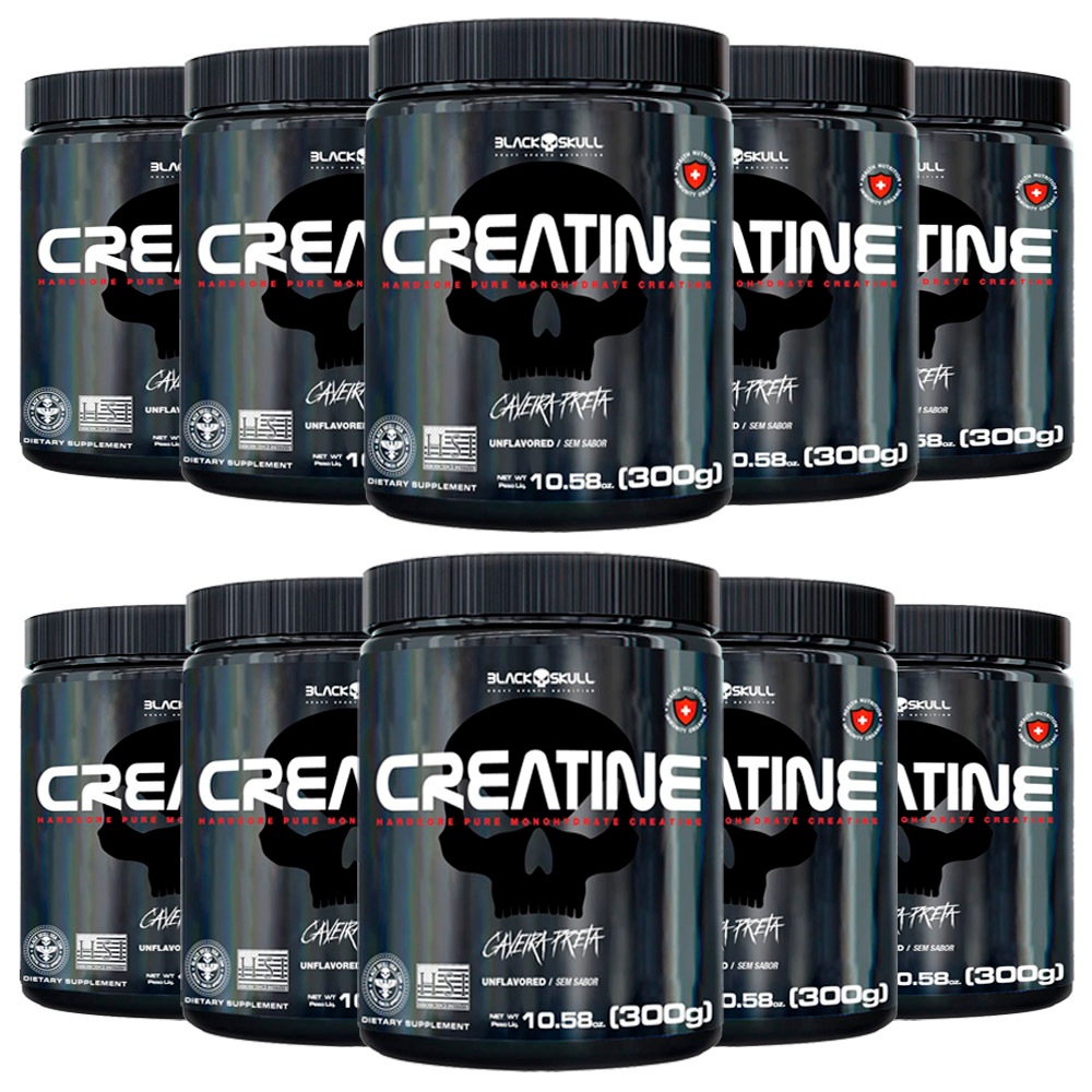 Kit 10x Creatina 100% Pura - 300g cada - Caveira Preta / Black Skull