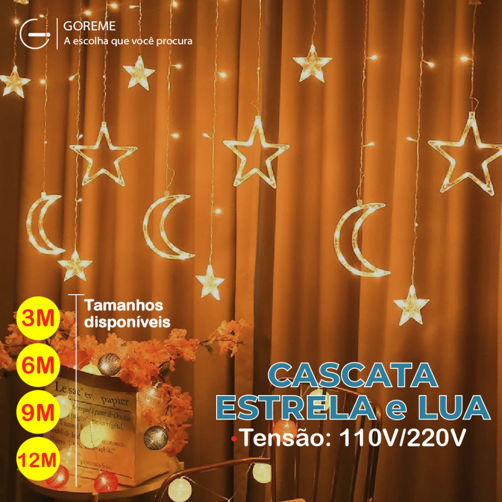 12 Metros Pisca Pisca Fio de Fada LED c/ Cascata de luzes Estrela e Lua 9W Cortina com 8 modos luz Quente 110V ou 220V em Oferta na Shopee