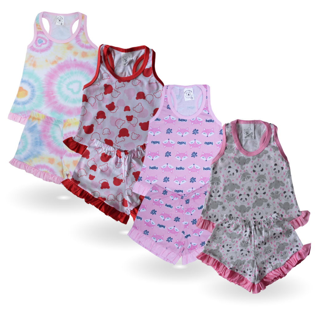 KIT 4 Peça Conjunto Baby Doll Estampado - Pijama Juvenil  1-16 Anos - Short e Regata Noite Quente