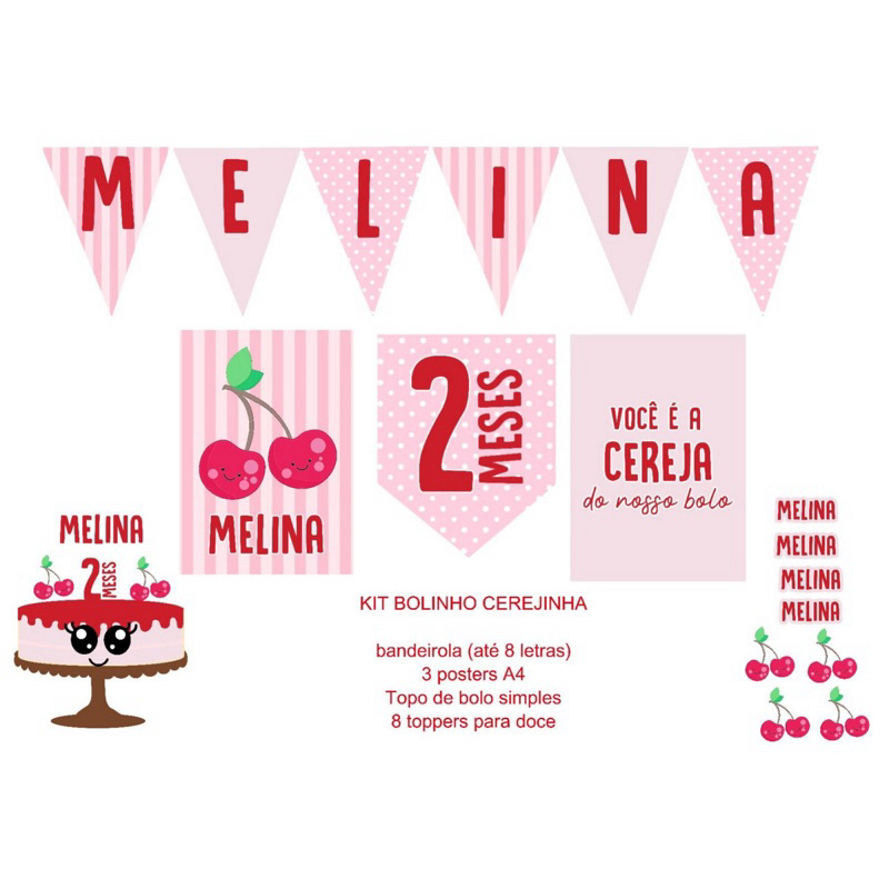 Kit Festa em Casa Personalizado | Só um Bolinho | Mesversário Aniversário | Decoração de Festa | tema Cereja Cerejinha