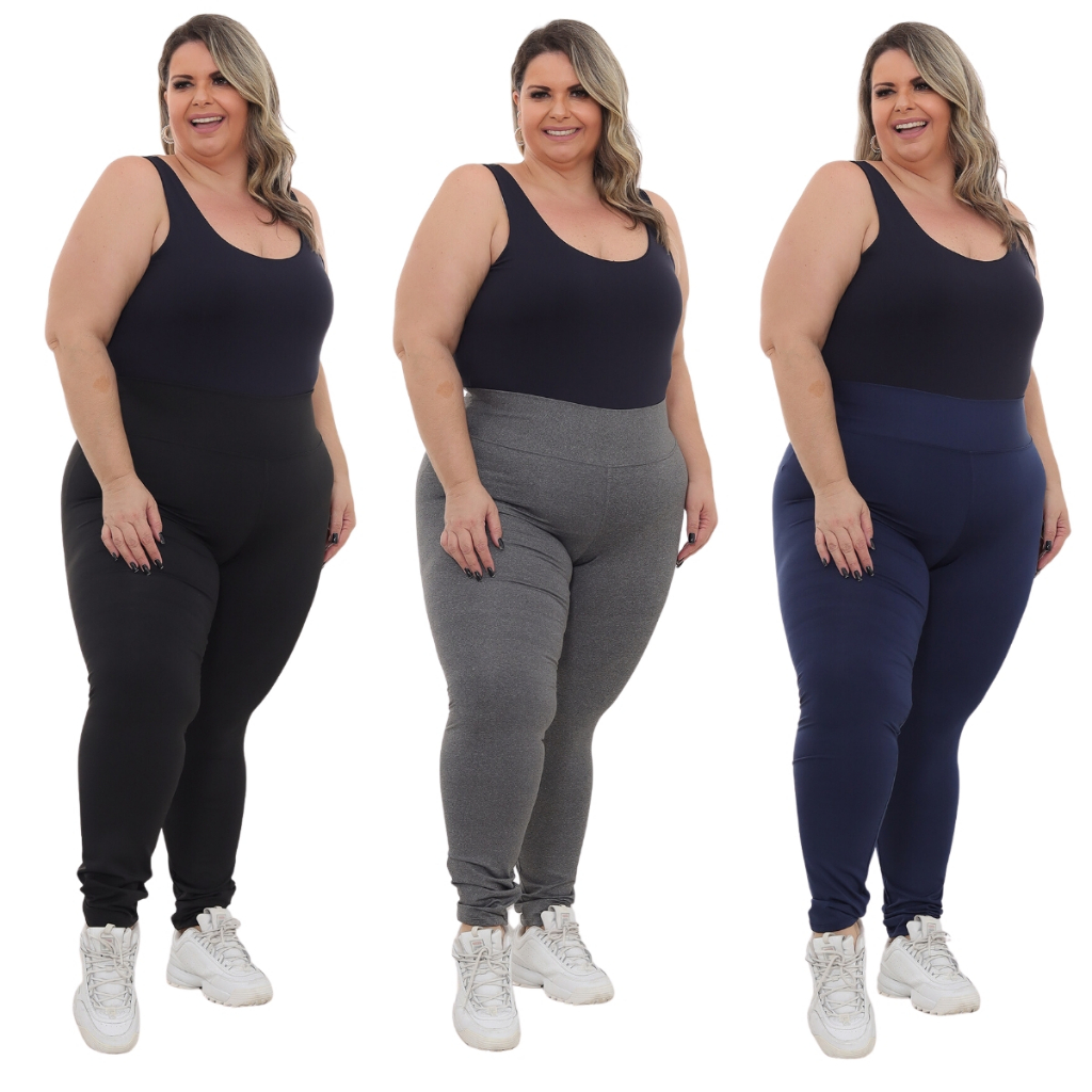 Kit 3 Legging Plus Size Suplex Feminina Cintura Alta Grossa Leg Academia