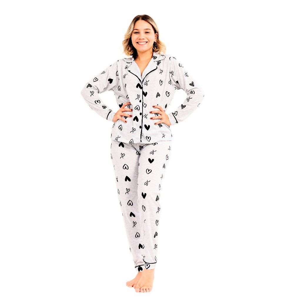 Pijama  americano blogueira longo malha calça e blusa manga longa botão gestante amamentação inverno em Oferta na Shopee