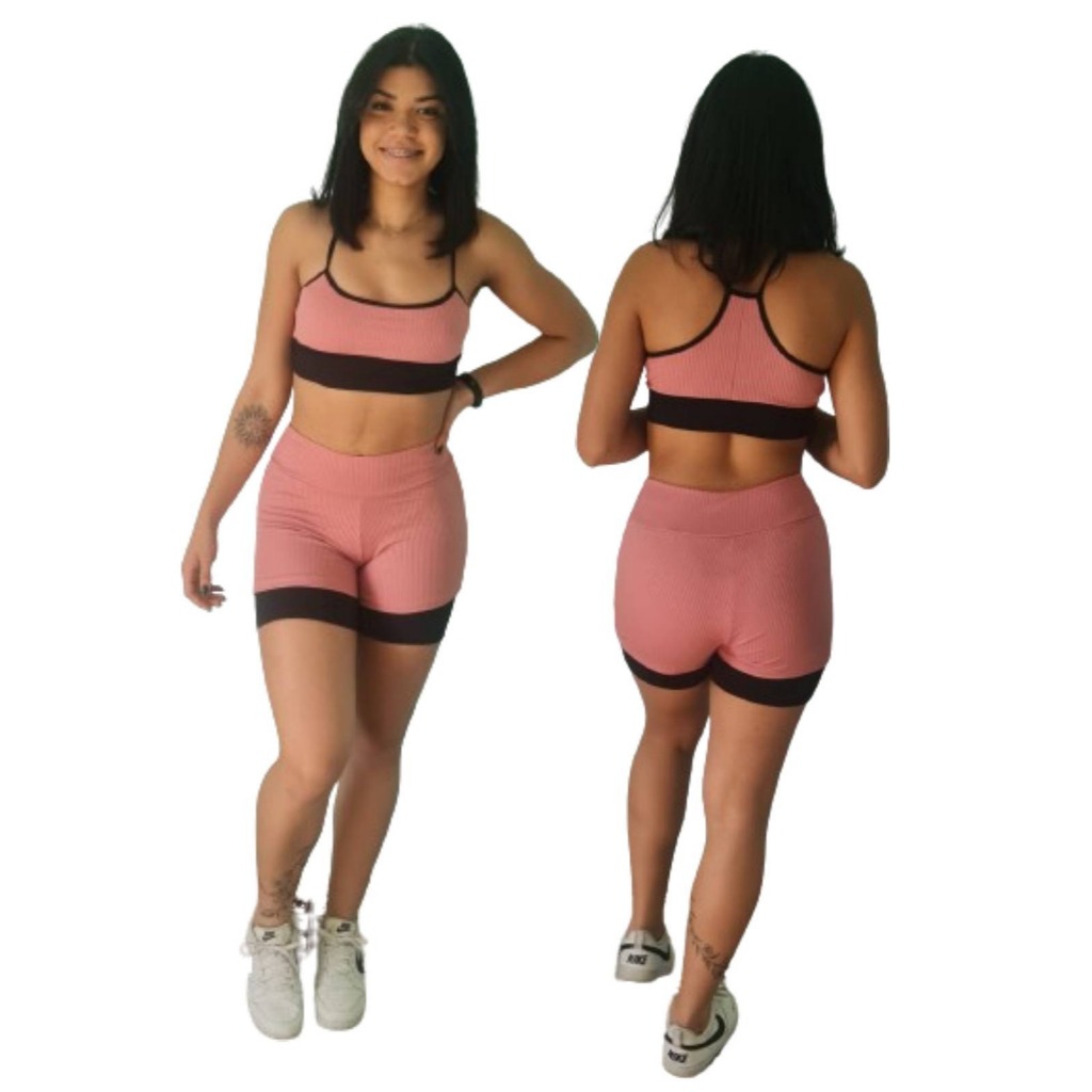 1 Shorts Duplo e 2 Top  Fitness Feminino, Academia, praia e lazer, leve e confortavel