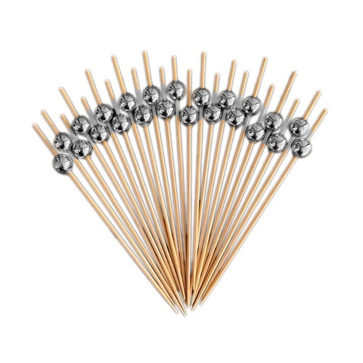 Kit 100 Palitos de Bambu Para Petisco Decorado Bolinha dourada prata 12cm