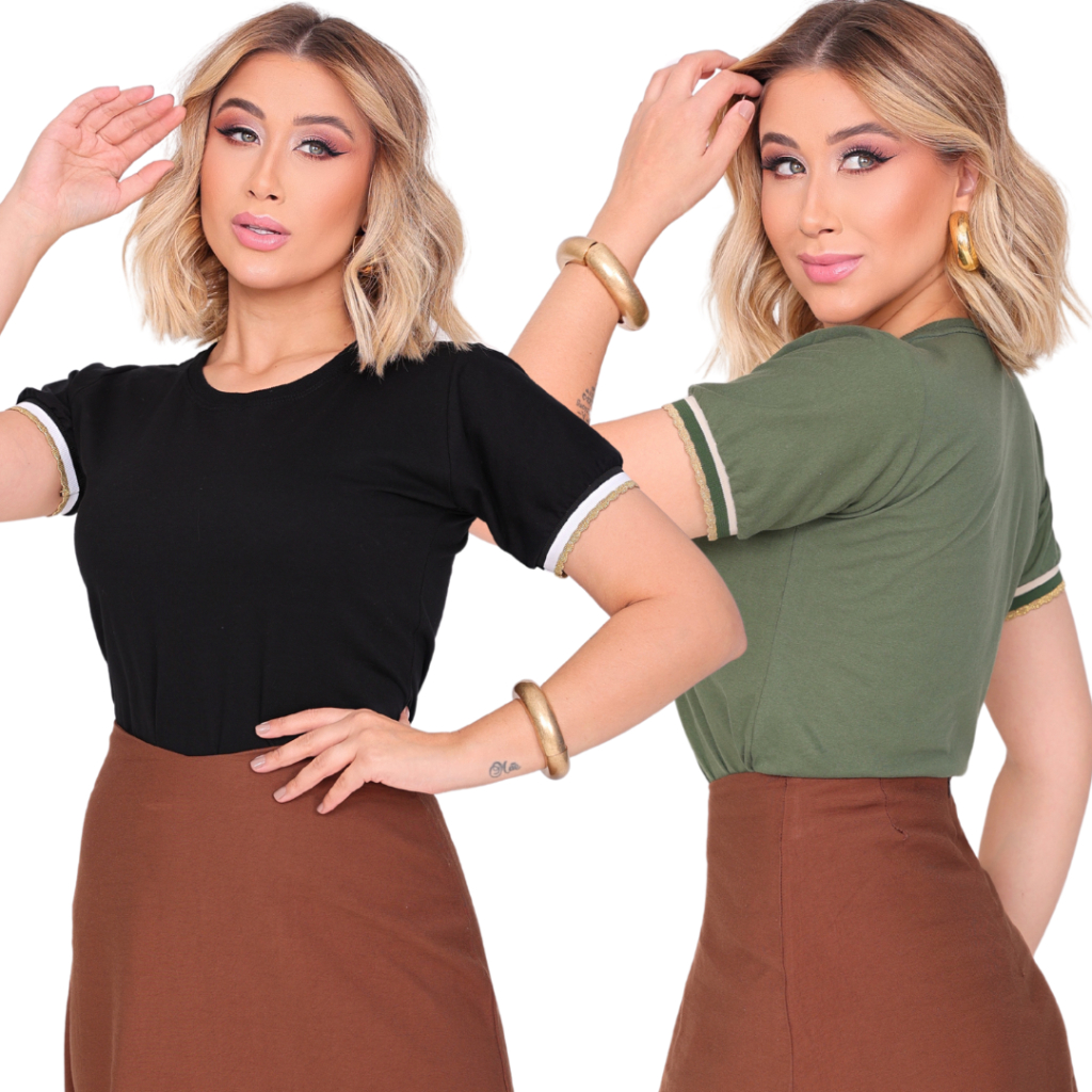 Kit 2 T-Shirts Casual Feminina Algodão Camiseta Estilosa Gola Redonda com Detalhe de Punho...