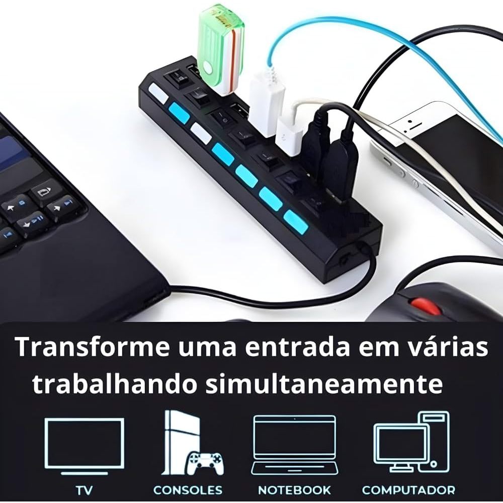 Extensão HUB USB 7 Portas 2.0 Carregamento e Transferência Botão On/Off Régua Extensor USB