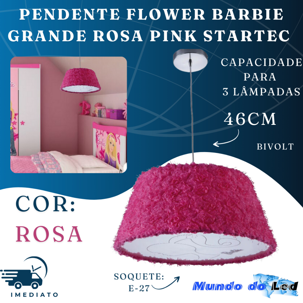 Luminária Pendente Flower Barbie Grande 46Cm Fashion Rosa Pink Startec