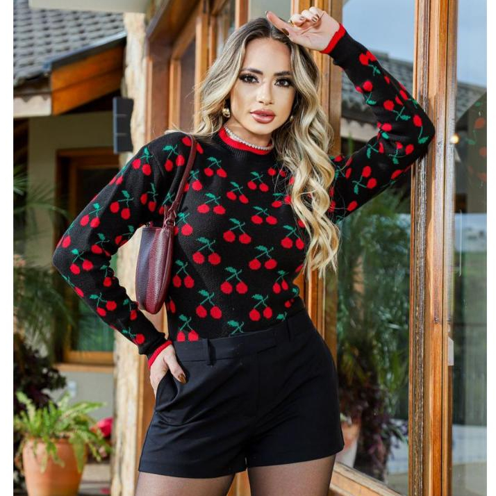 Blusa Suéter Feminina De inverno Trico Modal Com Estampa De Cerejinha