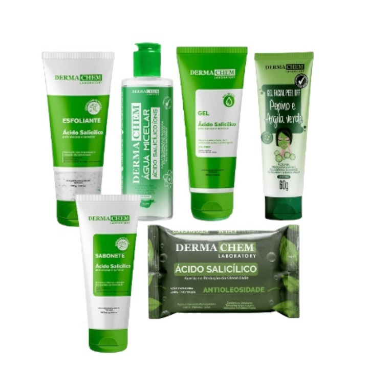 Skincare Completo Antioleosidade Dermachem - Peles Oleosas - Agua Micelar + Gel Anti-antioleosidade + Sabonete Facial + Esfoliante + Lenco Demaquilante + Argila Verde