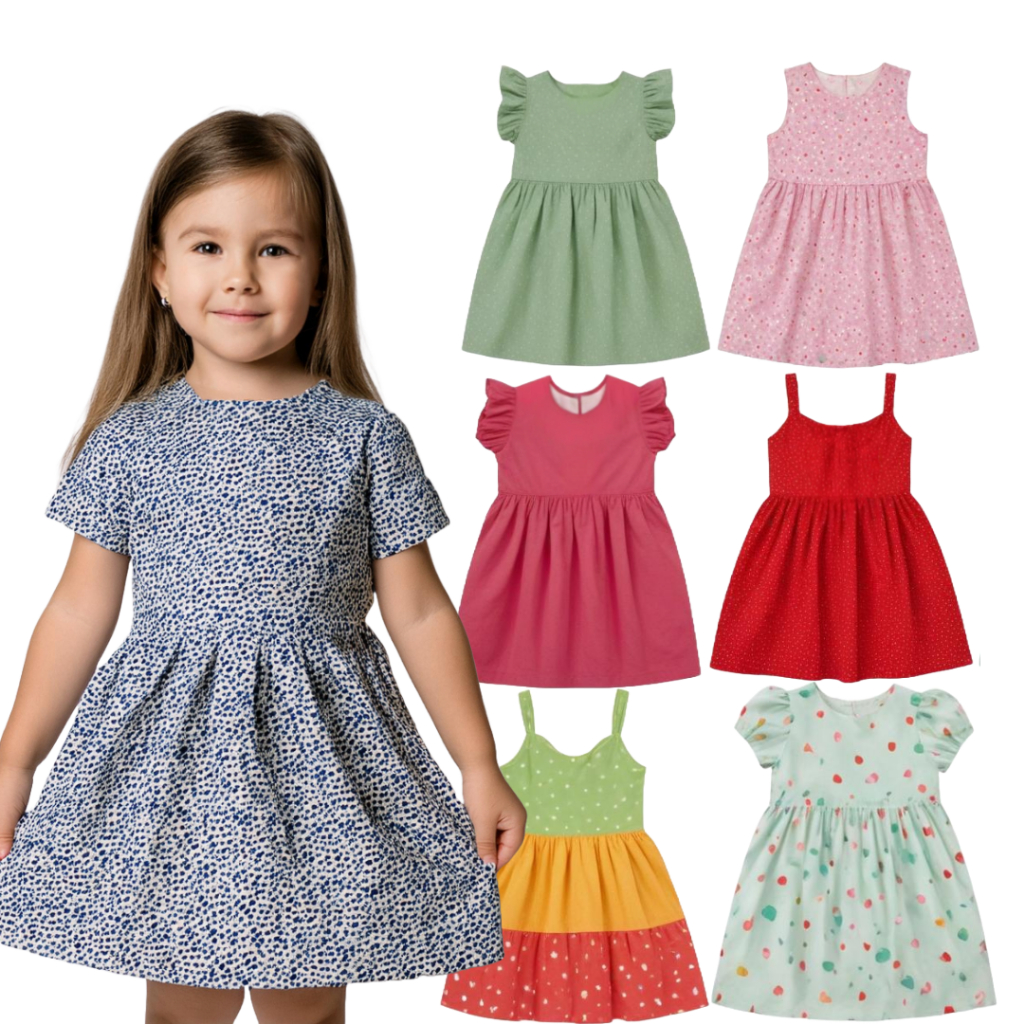 Kit 2 Vestidos sortidos Infantil Feminino- Coloridos-Soltinho-Verão Roupa de Menina Algodão  Tamanho do 4 ao 10