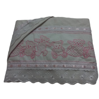 Lençol de Carrinho Bebe Bordado Com Detalhe Em Laise 3- Pçs