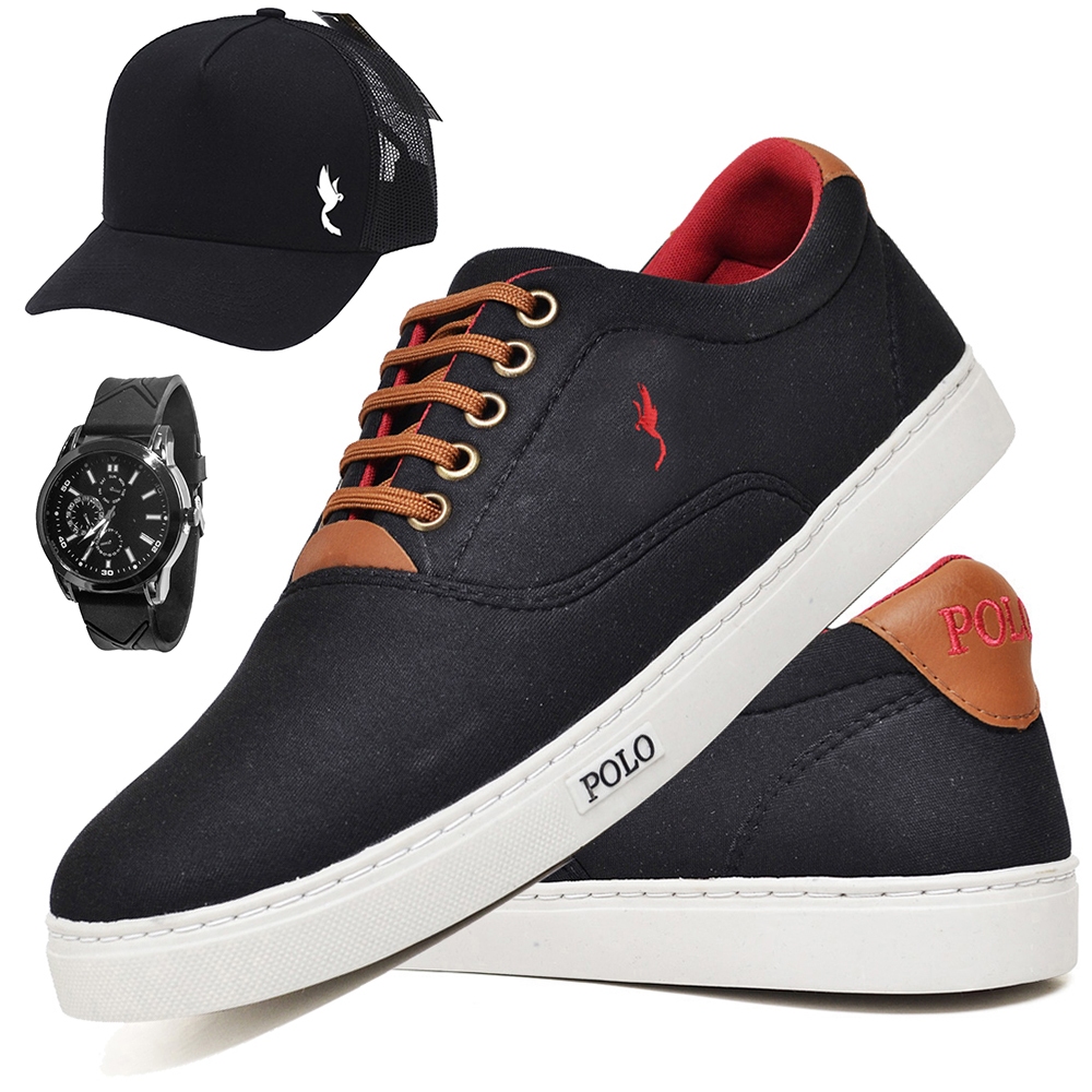 Tênis Sapatênis Masculino Polo Blu Cano Baixo em Lona com Relógio Analógico + Boné do 37 ao 46