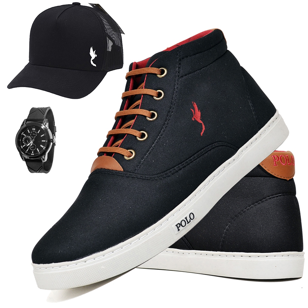 Sapatênis Masculino Casual Botinha Polo Blu Estiloso com Relógio Analógico + Boné do 37 ao 46