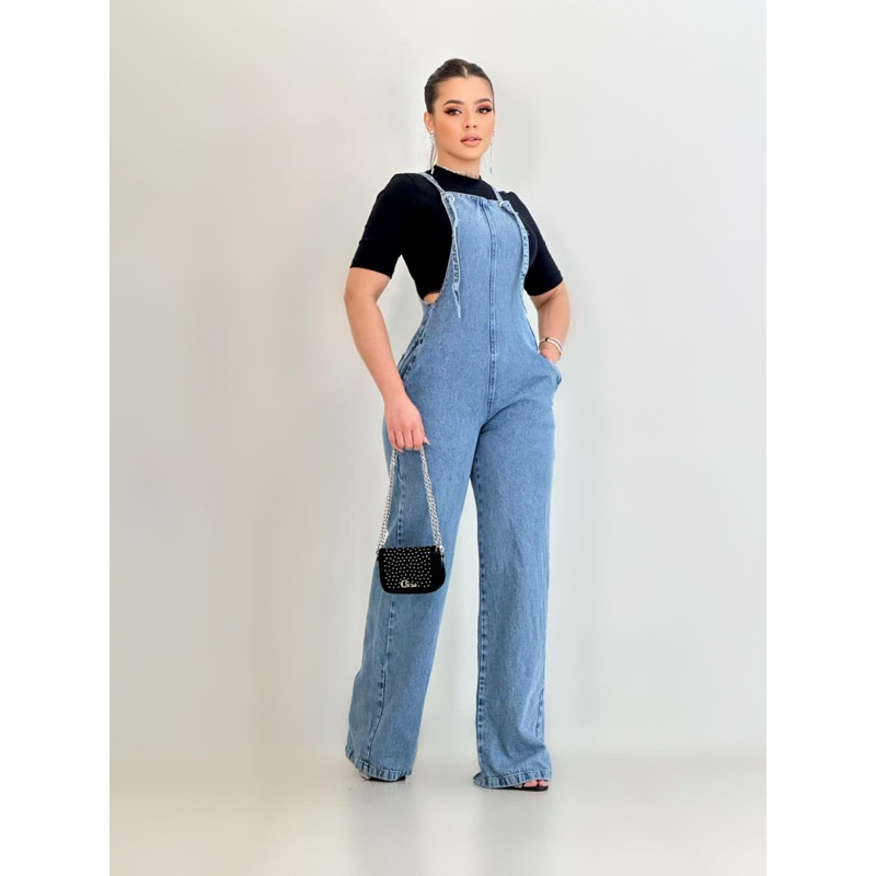 MACACÃO JEANS ALÇA DE OMBRO WIDE LEG SEM LYCRA FEMININA em Oferta na Shopee