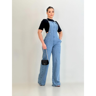 MACACÃO JEANS ALÇA DE OMBRO WIDE LEG SEM LYCRA FEMININA em Oferta na Shopee