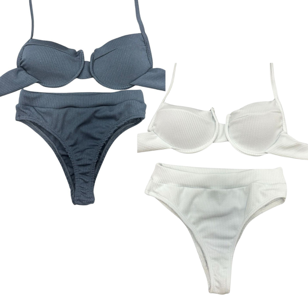 KIT 2 Biquini Feminino Canelado Meia Taça com Bojo e Calcinha Hotpants Cintura Alta Lançamento Verão
