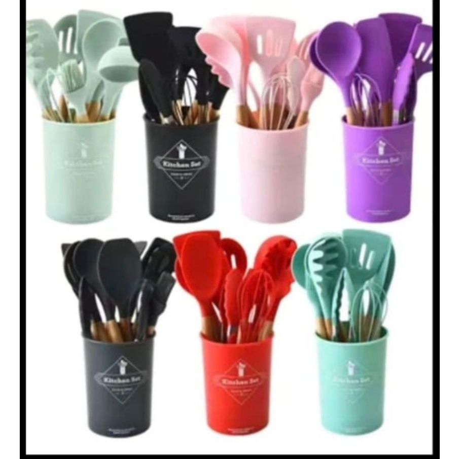 Jogo de Cozinha Kit C/12 Peças de Silicone, Utensílios e Copo Suporte para Cozinha Cabo de Madeira