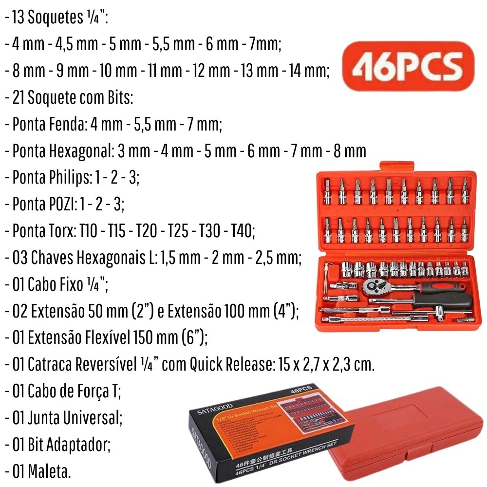 Kit 46 Chave Catraca Jogo De Soquetes Allen Torx Ferramentas Profissional Multiuso Completa