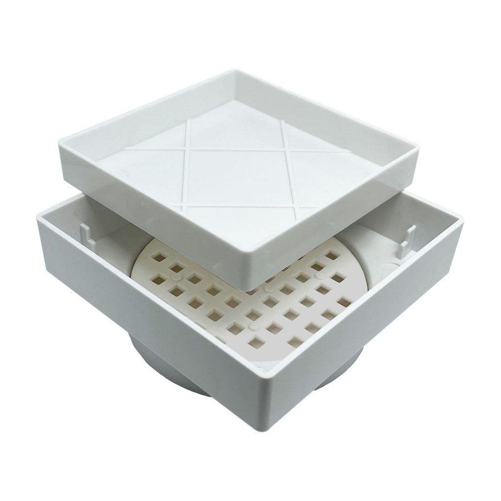 Ralo Invisível Oculto 15x15 Seca Piso / Porcelanato Branco Com Grelha Anti Inseto e Odor