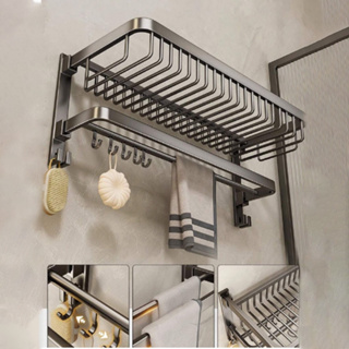 Toalheiros de parede de alumínio dupla camada para banheiro, Prateleira Retrátil Organizador Com Ganchos em Oferta na Shopee