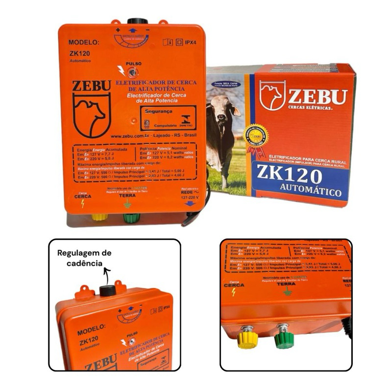 Cerca Elétrica Rural Zebu Eletrificador Zk120 127/220V Automático Alta Potência Com Regulagem