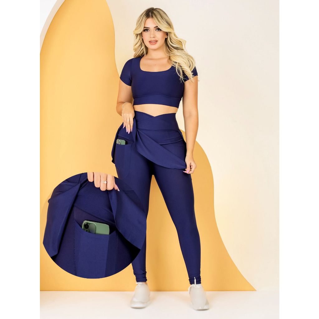 Conjunto Fitness Feminino Calça Legging Saia Com Bolso Moda Evangélica + Top Cropped Acade...