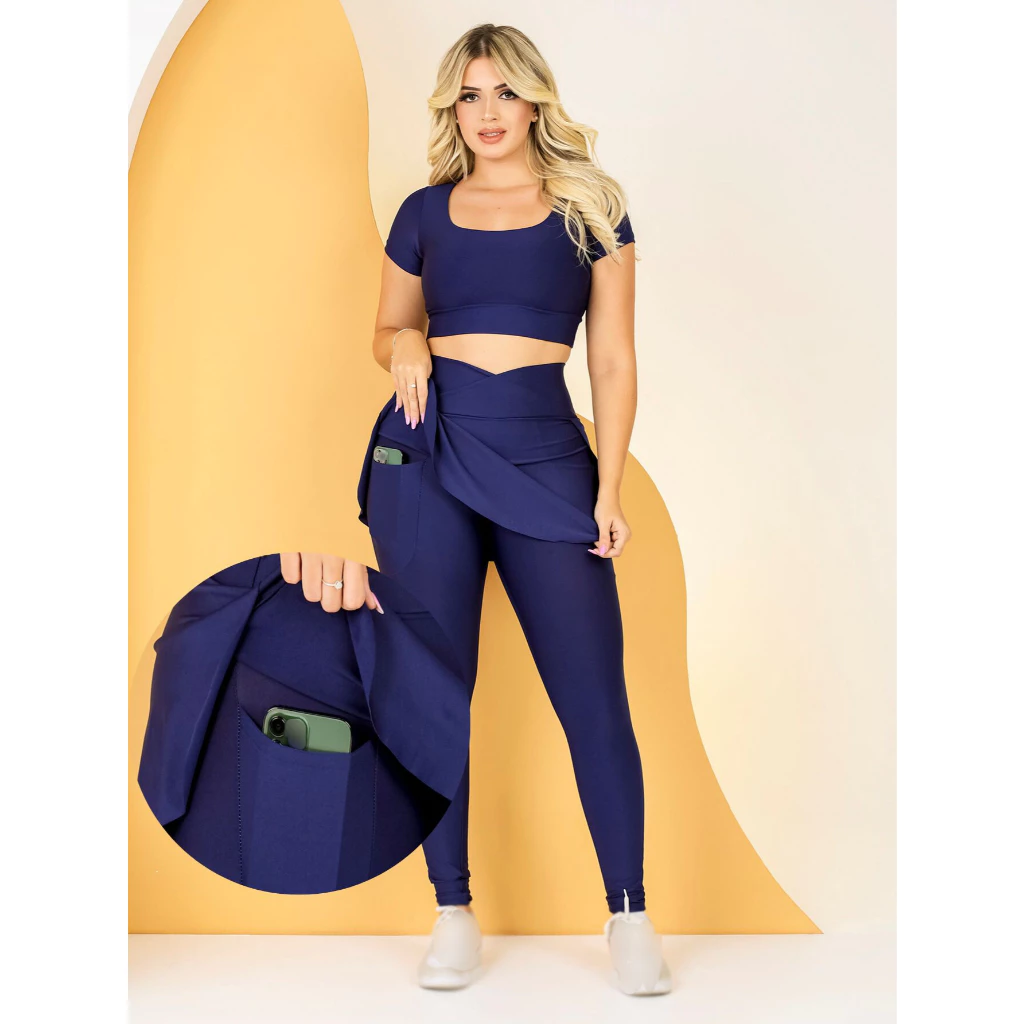 Conjunto Fitness Feminino Calça Legging Saia Com Bolso Moda Evangélica + Top Cropped Academia Suplex The Start — imagem 1