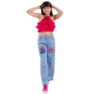 Calça jeans do stitch wide leg pantalona infantil juvenil menina em Oferta na Shopee