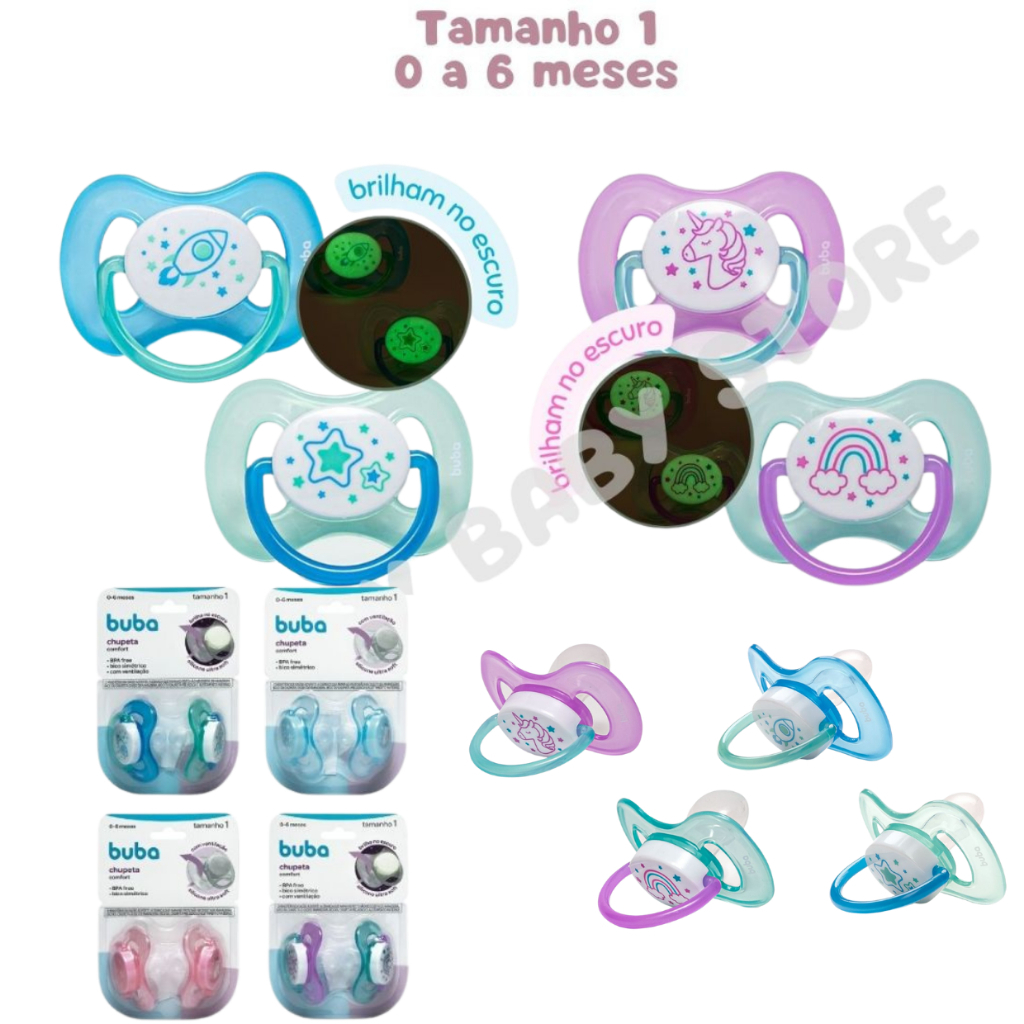 Kit Com 2 Chupetas Comfort Buba Bico Silicone Ultra Soft Simétrico Com Ventilação Fase 1 Tamanho 0 a 6 meses em Oferta na Shopee