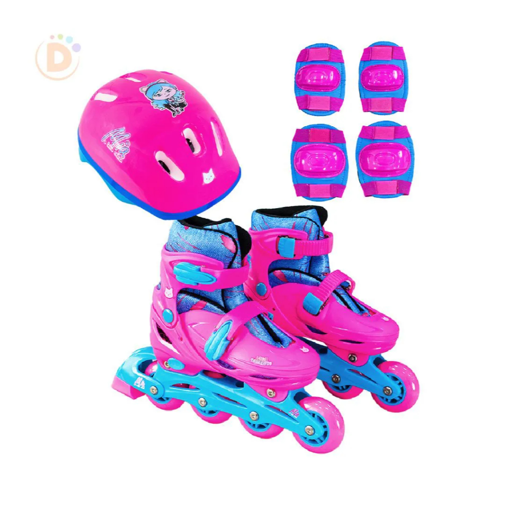 PATINS INFANTIL ROLLER INLINE ROSA E AZUL - KIT COM ACESSÓRIOS DE SEGURANÇA
