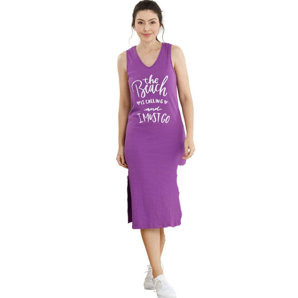 Vestido Midi Regata Estampado c/Fendas Laterais Casual Ribana Canelada Confort Slim Fit Basic 50122A