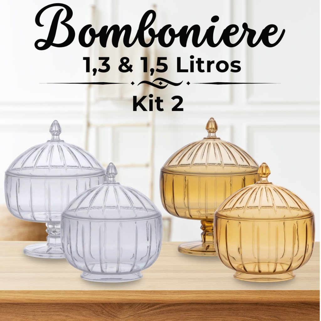 Kit 2 Bomboniere Potiche de Acrílico Baleiro Transparente C/ Tampa Decorativo Doces