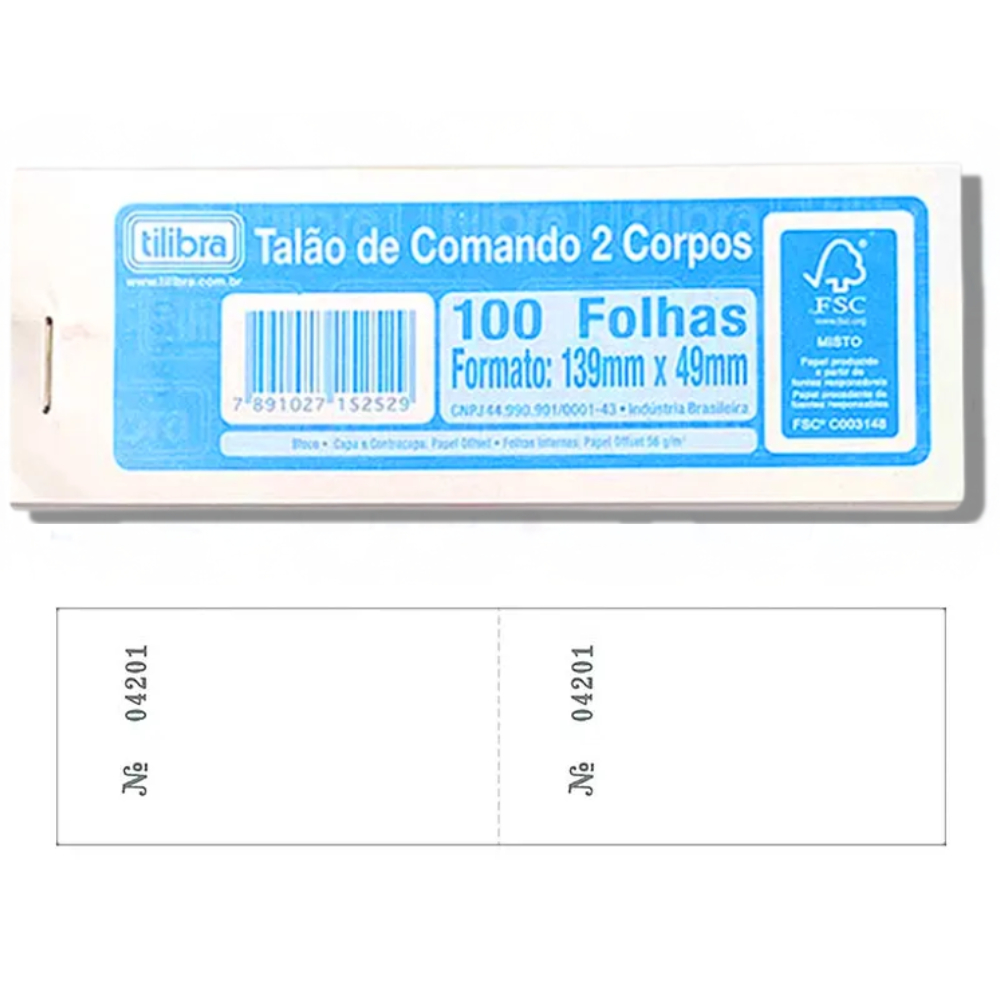 20 Unidades Talão de Comando 2 Corpos 100 Folhas TILIBRA - 20UN