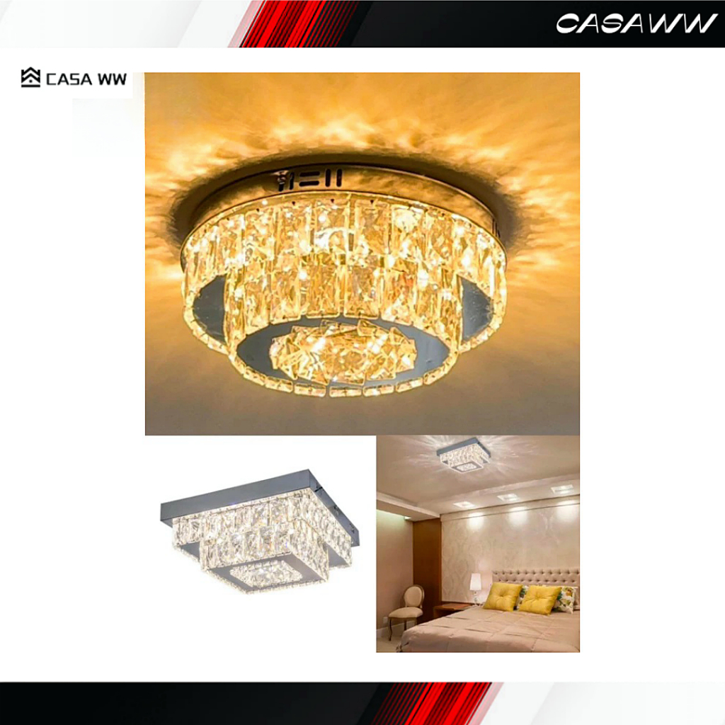 Lustre Cristal Luminária Plafon Cristal Led 3 Cores
