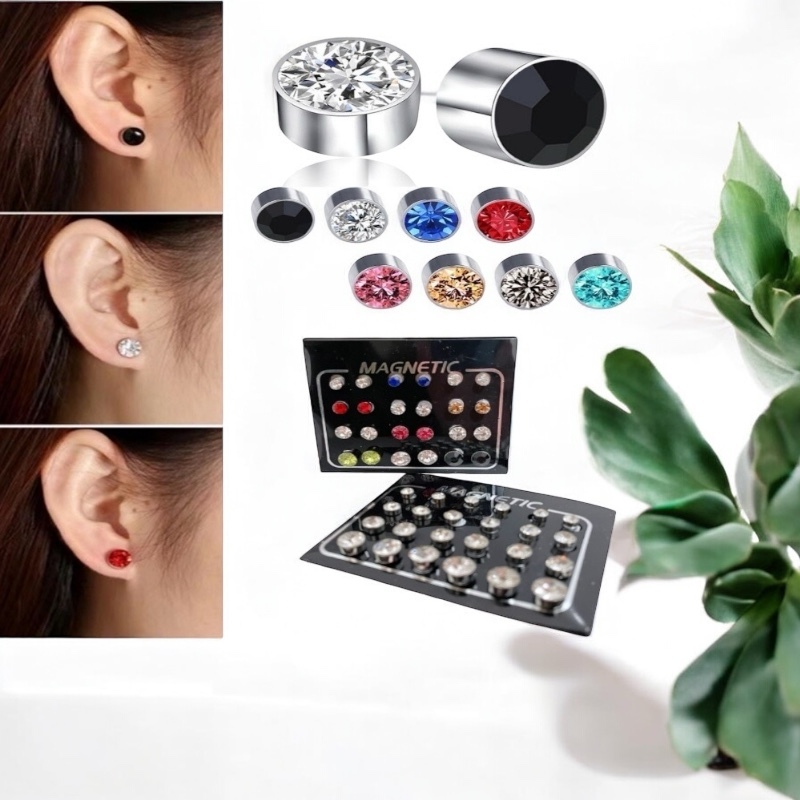 Cartela 12 Pares Brinco de ima Pressão Magnético Brilhante/masculino e feminino/Não precisa de furo em Oferta na Shopee