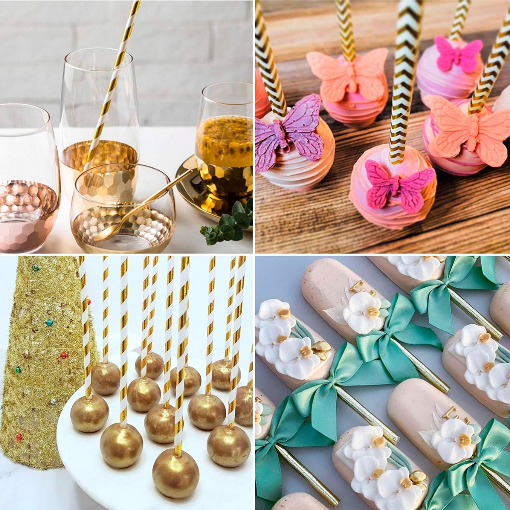 Canudo de Papel 25 50 100 200un Metalizado Dourado Prata Estrela Biodegradavel Para Doces Drinks