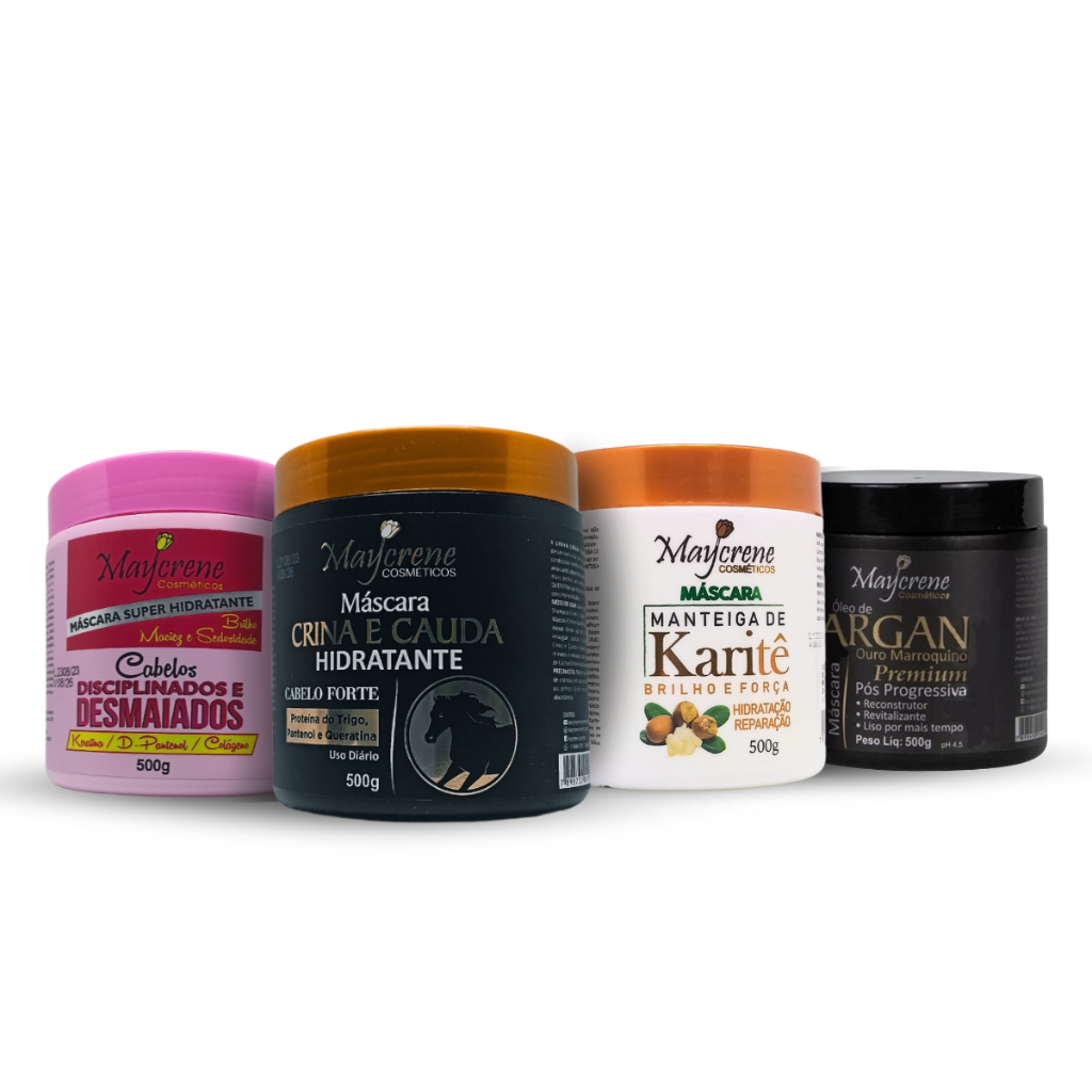 Cronograma Capilar 4 Máscaras Maycrene Cosméticos (Cabelos Desmaiados, Argan Premium, Karitê, Crina e Cauda) 4x500ml em Oferta na Shopee