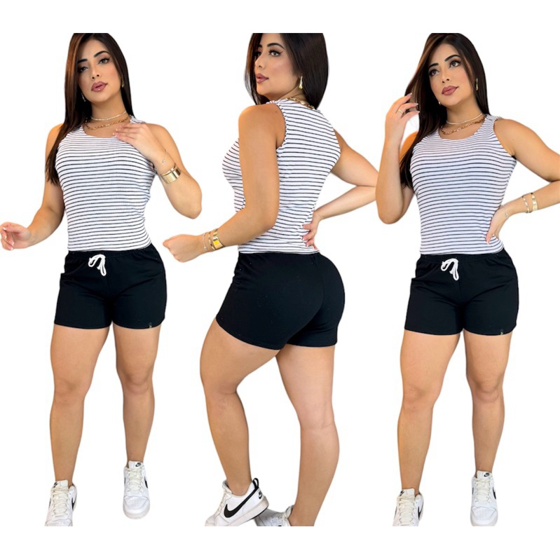 Conjunto Feminino Blusa listrada Regata Ribana e Short Moletom blusinha super confortável de algodão