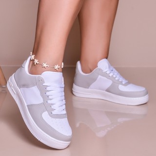 Tênis Feminino Cinza Branco Casual Confortavel Leve Solado Macio Runner