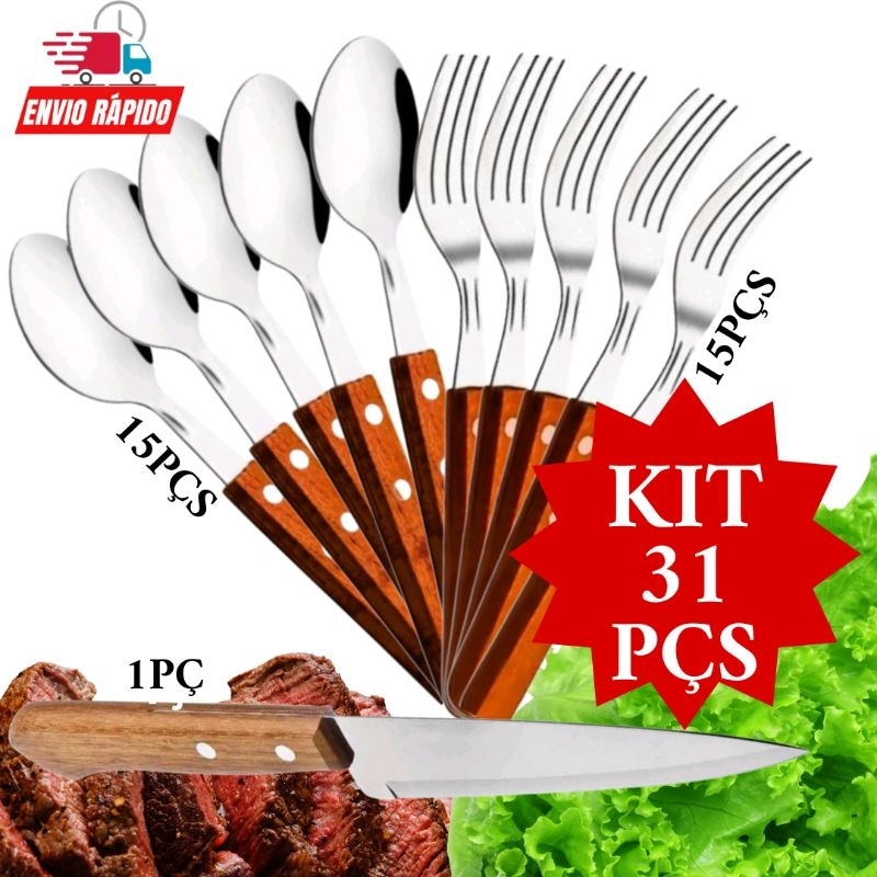 Kit Conjunto  31 Peças  Talheres de Madeira e Inox 15 Garfos 15 Colheres 1 Faca Peixeira 7 Polegadas  Para Churrasco Almoço  Jantar