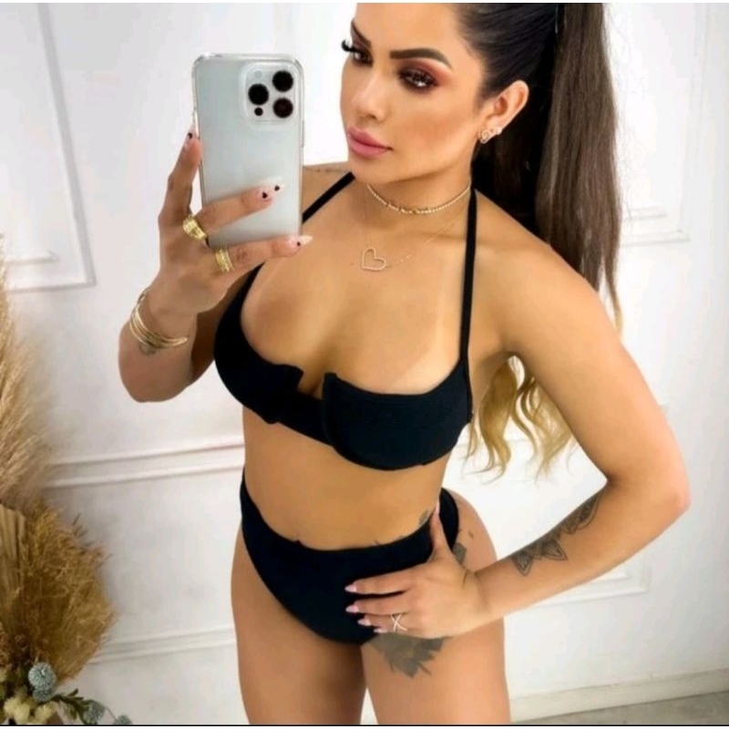 Conjunto de biquini meia taça cintura alta hot pants tecido anarruga com bojo