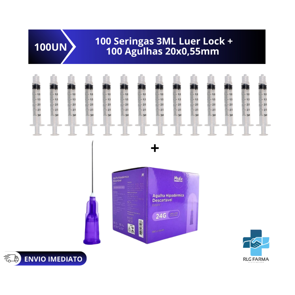 Kit 100 Seringas 3ml Bico Luer lock Rosca + 100 Agulhas 20x0,55 Medix em Oferta na Shopee
