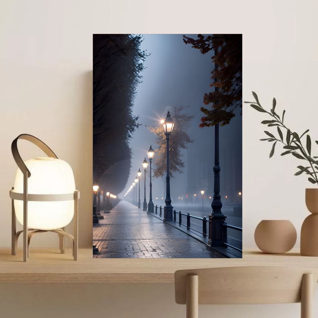 Placa decorativa mdf Quadro Noite Lua Chuva Ruas Luz Paisagem Poster Decoração Quarto Sala - 008