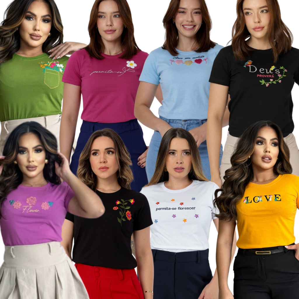 Kit 10 Blusa Bordada T shirt Feminina 100% Algodão Premium Camiseta Alta Qualidade Direto de Fabrica em Oferta na Shopee