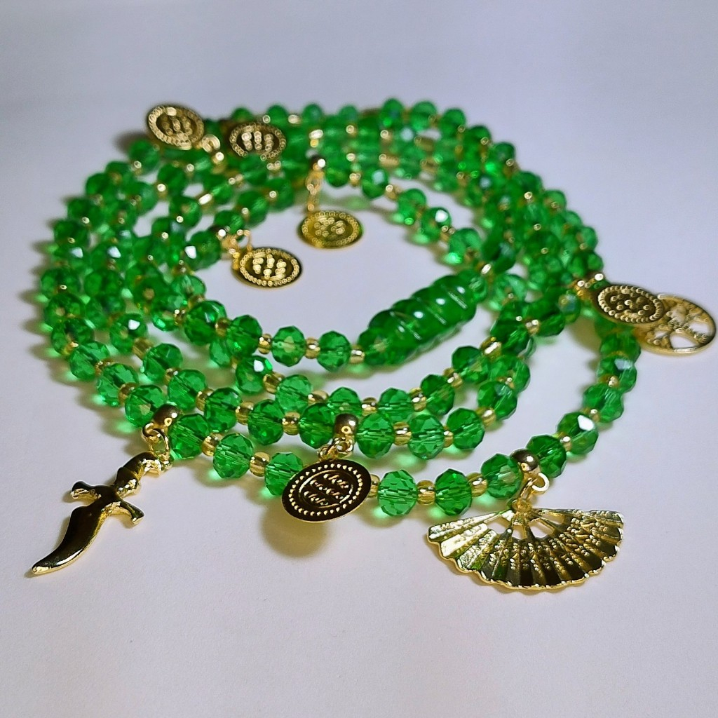 Guia de Proteção Pombagira Cigana Esmeralda 3 Pingentes Cristal 8MM Cristal Verde Umbanda Candomblé Colar Firma Murano