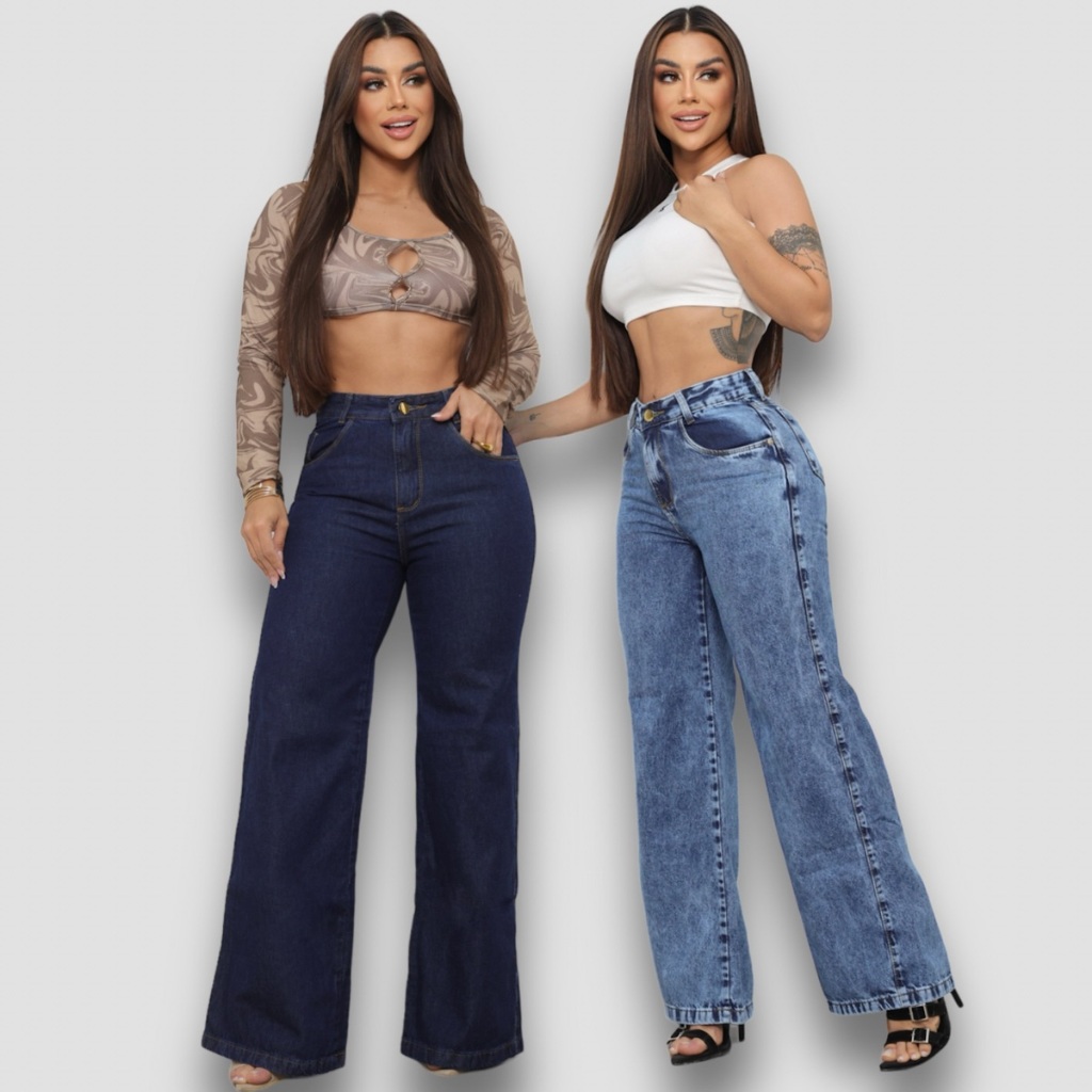 Kit 2 Calças Jeans Wid Leg Cos Alto Aumenta Bumbum Moda Feminina