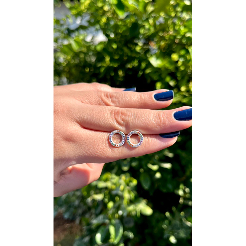 Brinco prata 925 pedra zircônia círculo colorido ou cristal