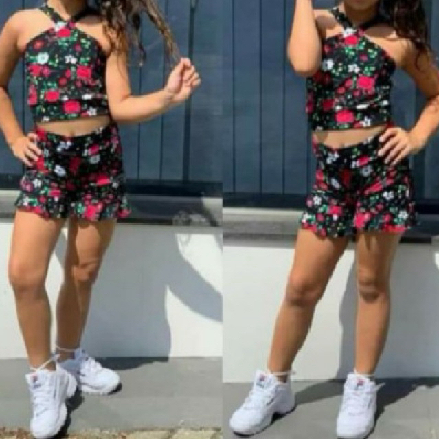 Kit 2 Conjuntos suplex infantil estampado menina Cropped+short