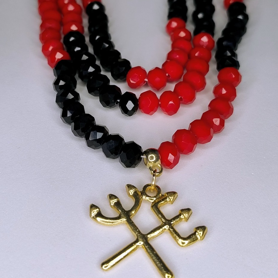 Guia de Proteção Fio de Conta Exu e Pombagira Preta e Vermelho Pingente Tridente Dourado Cristal 8MM Umbanda Candomblé